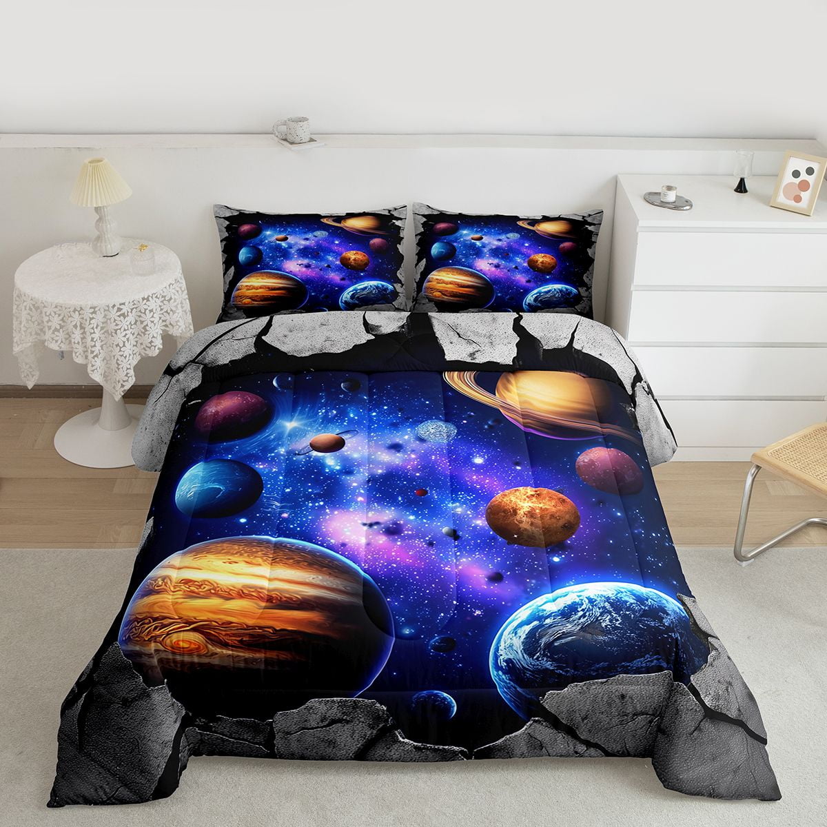 Galaxy Bedding Set Full Outer Space Themed Comforter Set, Solar System Bedding Comforter Sets for Teens Universe Themed Bedroom Decor Duvet Insert Space Starry Sky Planet Quilt