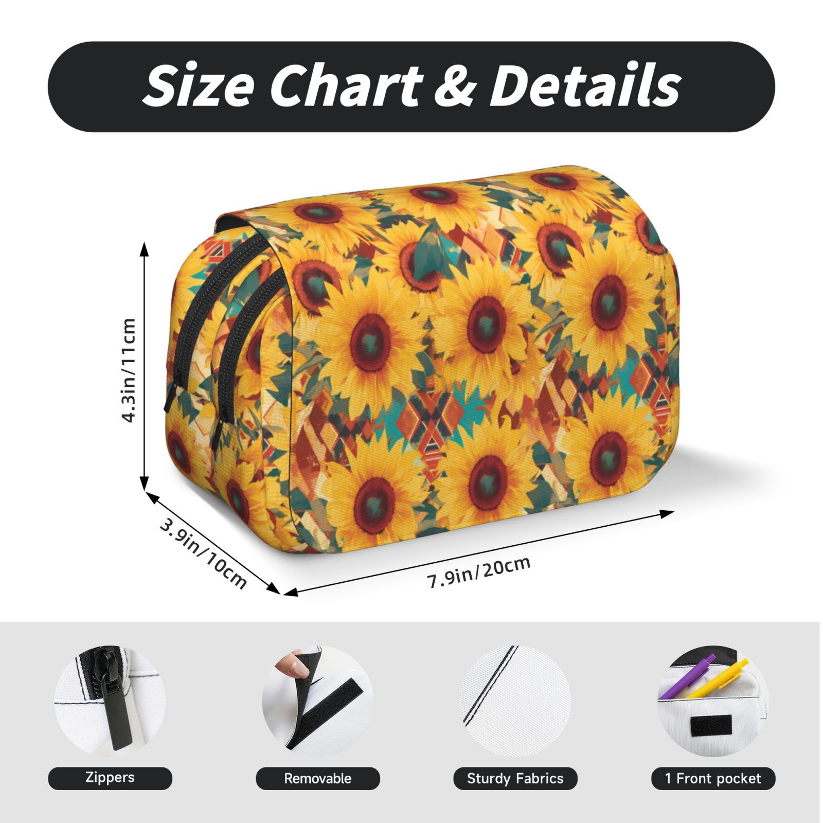 Rateoe Colorful Bohemian Sunflower Pattern Double Clamshell Pen Case, Storage Organizer with Two Zipper Compartments– Holds Up to 50 Pencils & Pens