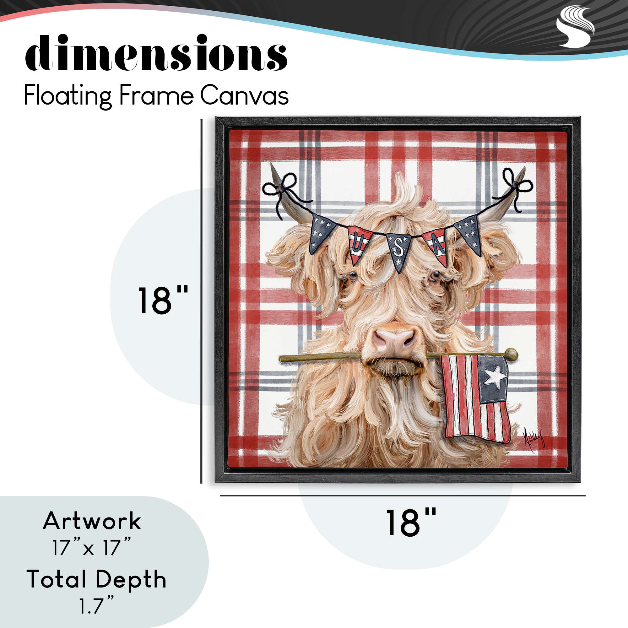 USA Plaid Highland Cattle Black Framed Floater Canvas Wall Art, design by Ashley Bradley