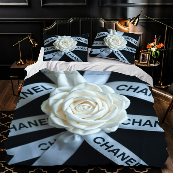 Chic 3-Piece Duvet Cover Set - Black & White Floral Design with Large White Rose - Luxurious Modern Bedding for Elegant Bedrooms