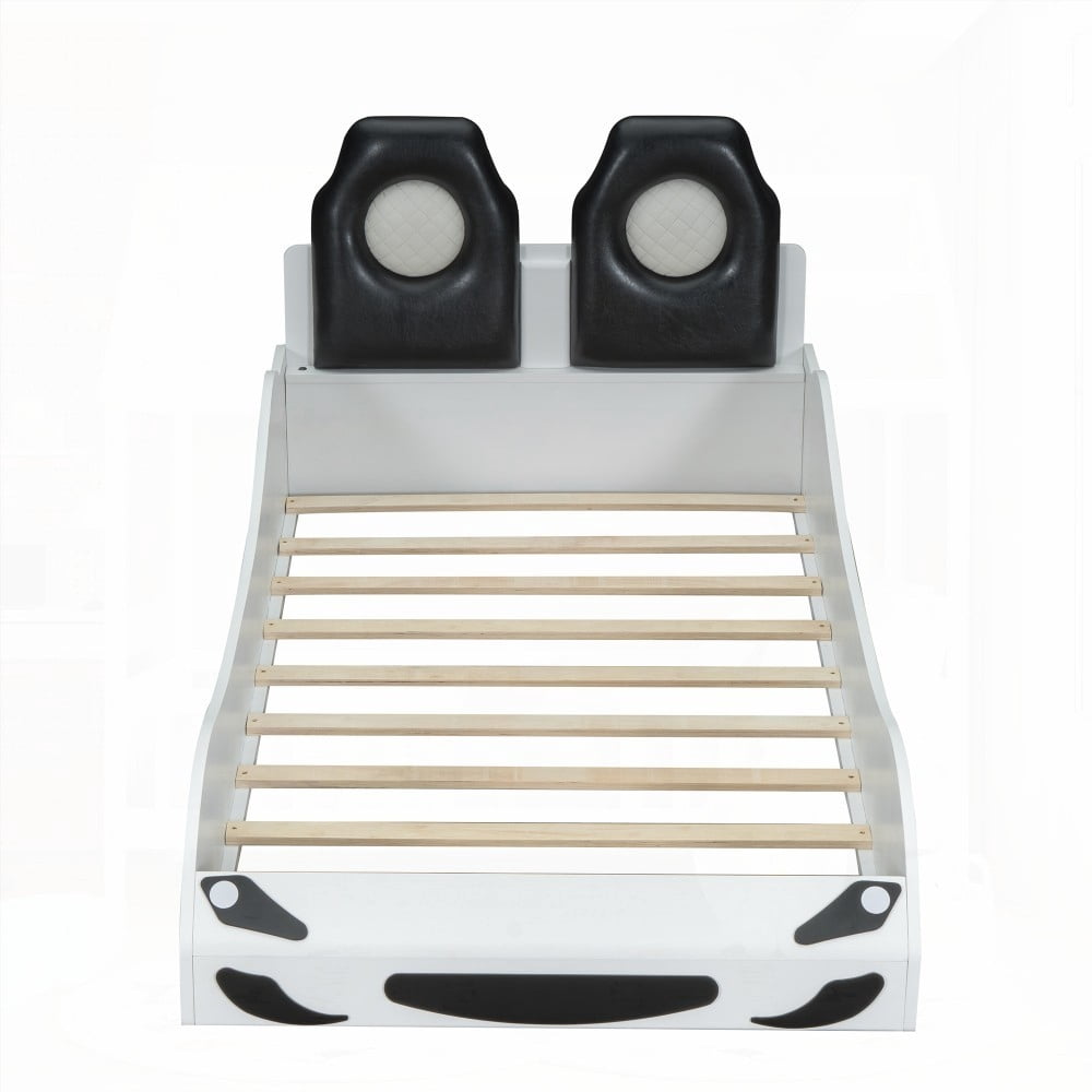 White Twin Size Race Car Platform Bed Featuring Upholstered Backrest & Under-Bed LED Lighting
