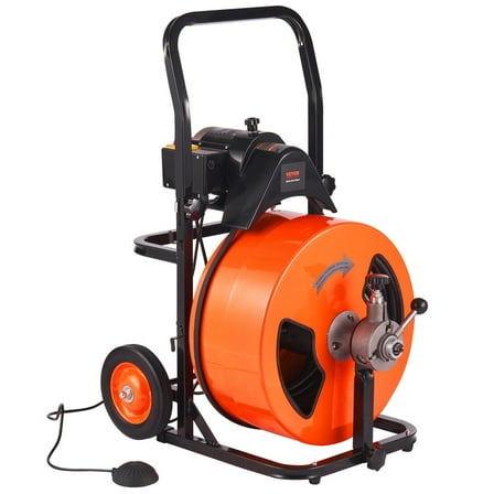 HCY Drain Cleaning Machine 100FT x 3/4 Inch, Sewer Snake Machine Auto Feed, Drain Auger Cleaner with 4 Cutter & Air-Activated Foot Switch for 1" to 4" Pipes