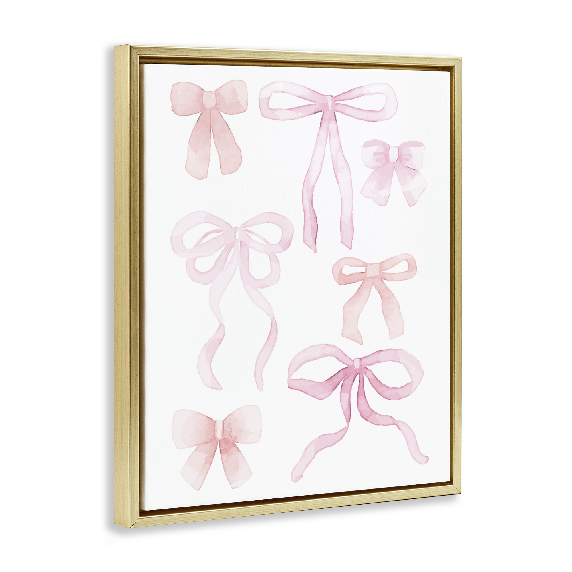 Pink Watercolor Bows Gold Framed Floater Canvas Wall Art, design by Kim Allen