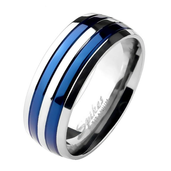 Matching His and Hers Silver and Blue Titanium Wedding Bands