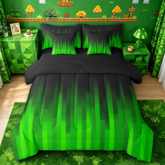 jejeloiu Gradient Geometric Pattern 7-Piece Twin Bedding Sets For Boy,Green Black Ombre Art Bedding Comforter Set For Kids,Reversible