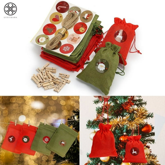 Luxtrada 24PCS Christmas Santa Sack Vintage Jute Xmas Gift Bags Personalised Stocking Burlap Gift Drawstring Wrap Reusable Multiple Patterns