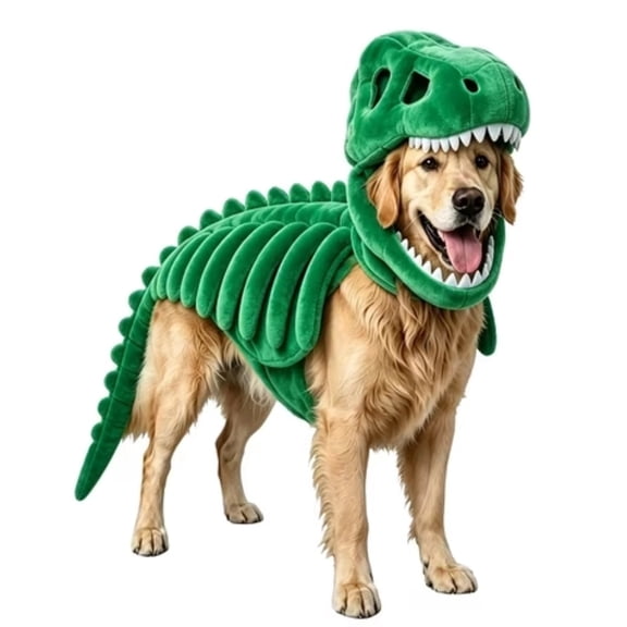 Pet Dinosaur Costume, Plush T-Rex Skeleton Halloween Outfit for Dogs & Cats, Glow-in-the-Dark Dino Cosplay Clothes for Medium & Large Pets (Green, M)