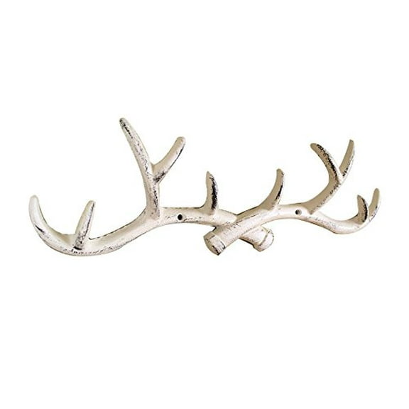Whitewashed Cast Iron Antler Wall Hooks 15" - Decorative Wall Hook - Deer Decor