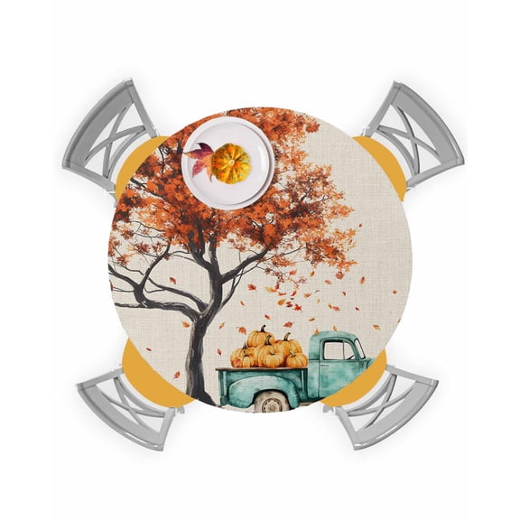 Round Fitted Tablecloths Fall Orange Maple Tree Pumpkin Waterproof Table Cover for Kitchen Dining Party Decor Farm Truck Retro Linen,36"-44"
