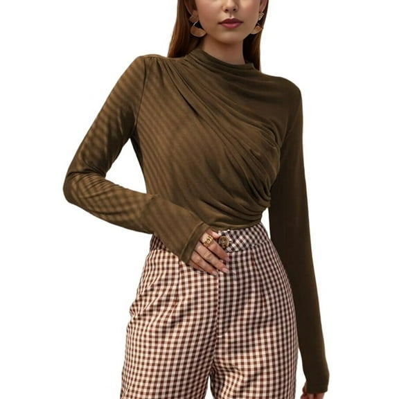 Long Sleeve Underneath Base Layer Shirt Women'S Autumn and Winter New Brushed Round Neck Coffee Color S