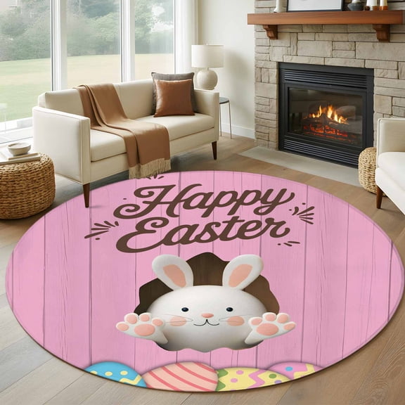 Pink Easter Round Area Rug 8Ft Large Circle Rugs for Living Room Dorm, Easter Bunny Eggs Spring Cartoon Farmhouse Wood Grain Non-Slip Carpet Floor Mats Indoor Outdoor Carpet Runner Home Decor