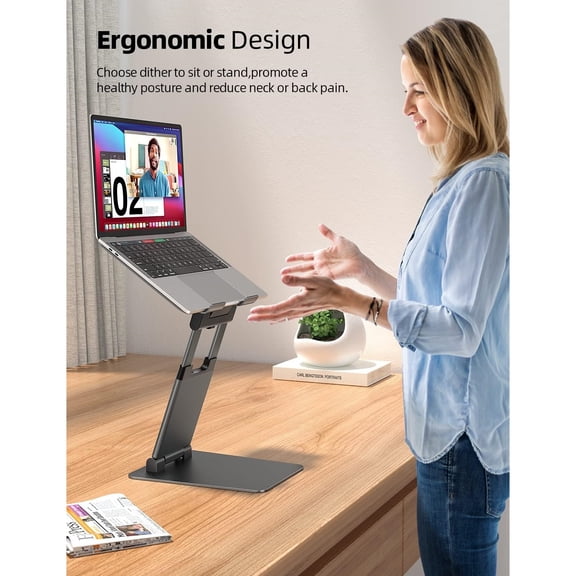 Height Adjustable Laptop Stand for Desk, Dual Foldable Aluminum Computer Riser, Pull Out Design Ergonomic Sit to Notebook Holder Convertor, Compatible with All 10-17" Laptops, Tablets, Gray