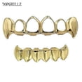 thumbnail image 1 of Gold Color Plated Hip Hop Teeth Hollow Fang Top & Solid Fangs Bottom Grillz Set Vampire Grills Sets, 1 of 5