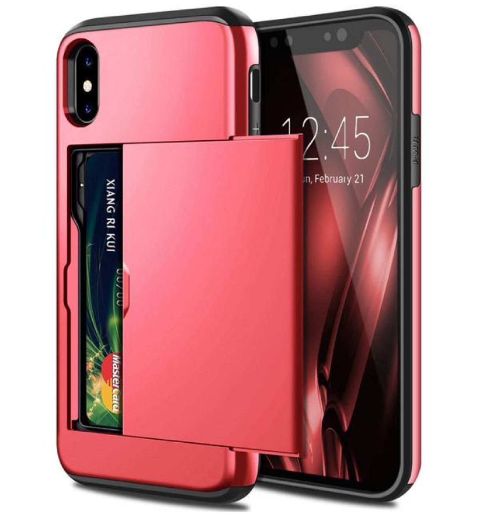 Card Holder iPhone XR Case (Red) Dual Layer Shockproof Wallet with