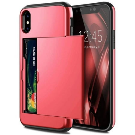 Card Slot Holder Wallet iPhone X Case (Red) Dual Layer Shockproof with Heavy Duty Protection