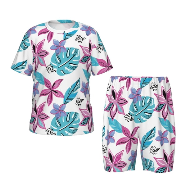 Balery Hawaiian Style Conjunto de Pijama Infantil de Manga Corta con Estampado – Ropa de Dormir de Algodón Suave-Large