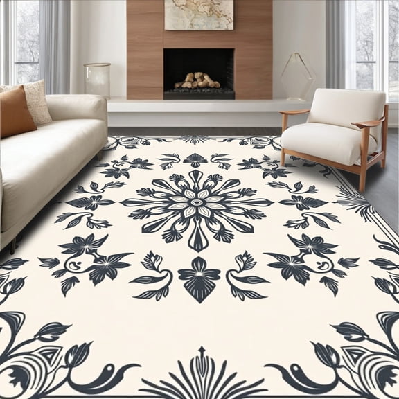 ODIKA 4'x6' Machine Washable Non-Slip Area Rug, Luxurious Boho Floral Medallion Contemporary Artistic High Traffic Rug, Ivory, 463916