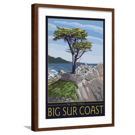 Art.com Big Sur Coast, California - Lone Cypress Tree Art Print by Lantern Press, Brown Frame Wall Art, 21" x 29"