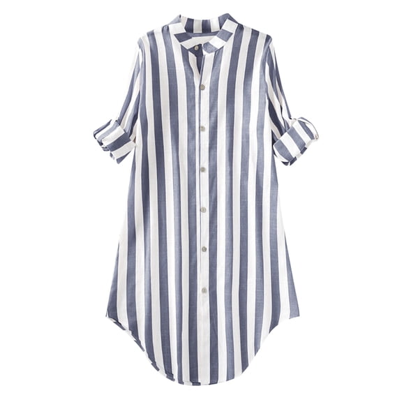 LEKODE Womens Button Down Shirt Dresses Striped Cotton Shirts Collared Long Sleeve High Low Blouse Tops Blue L