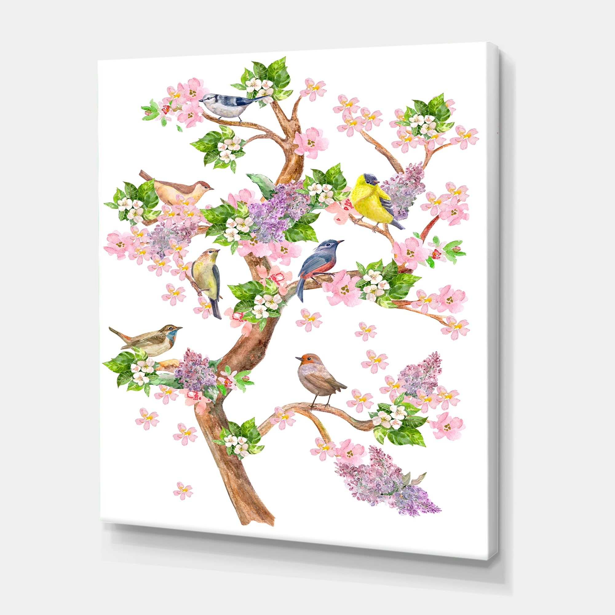 Designart ' Tree With Colorful Birds Sitting On Flowering Branches ' Traditional Canvas Wall Art Print