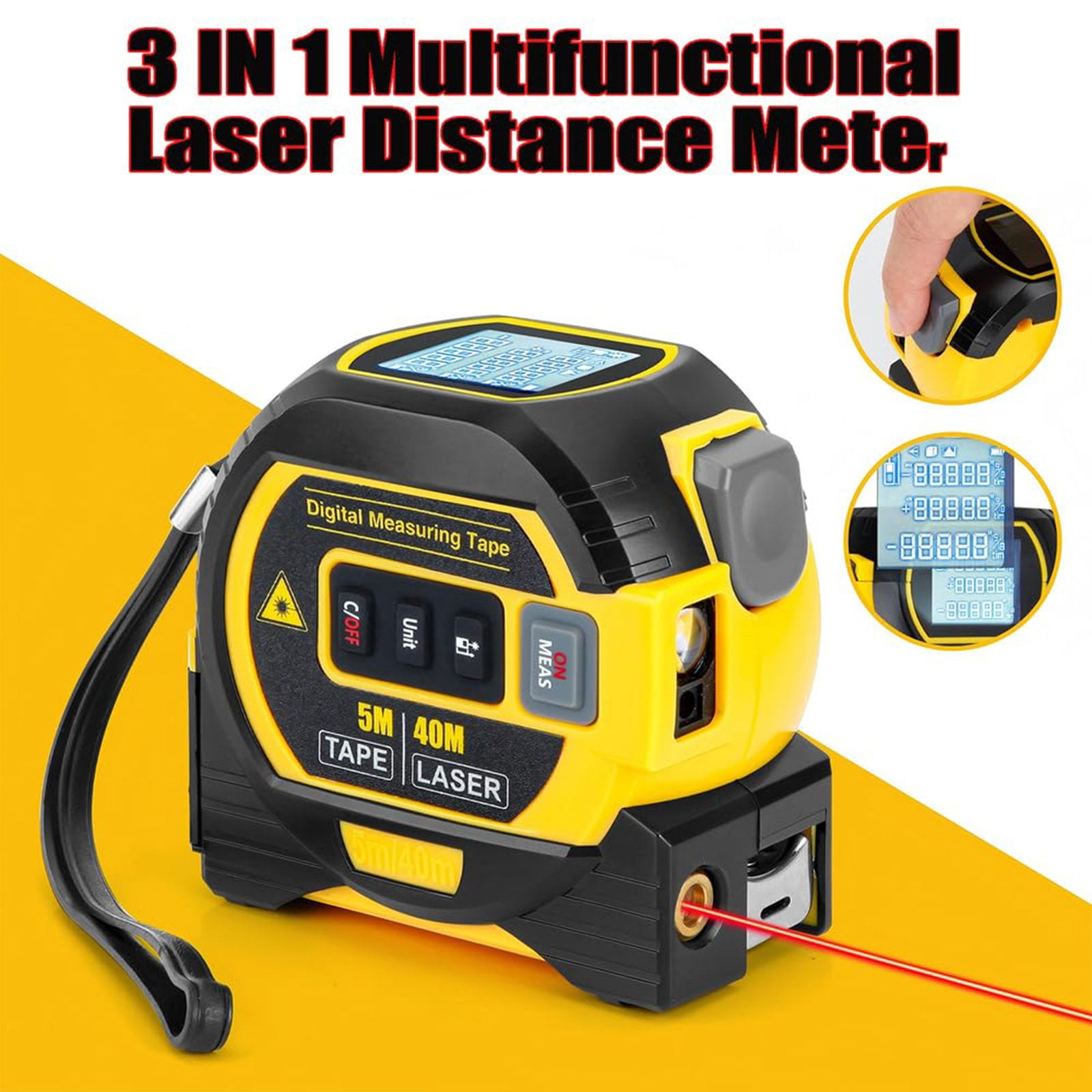 3-in-1 Digital Laser Tape Measure, 40m Laser Distance Meter, 5m Portable Tape Measure with Cross Line Laser, Auto Lock, ft/in/m Switch, Area Volume and Pythagorean Measurement Tool