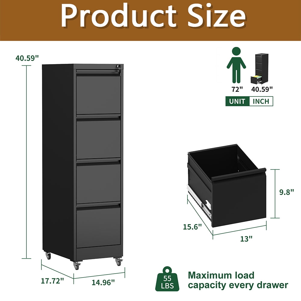 YINGYING 4 Drawer File Cabinet with Lock and Card Slot, Office Home Narrow Vertical Filing Cabinet for A4 Legal/Letter Size for Home, Office