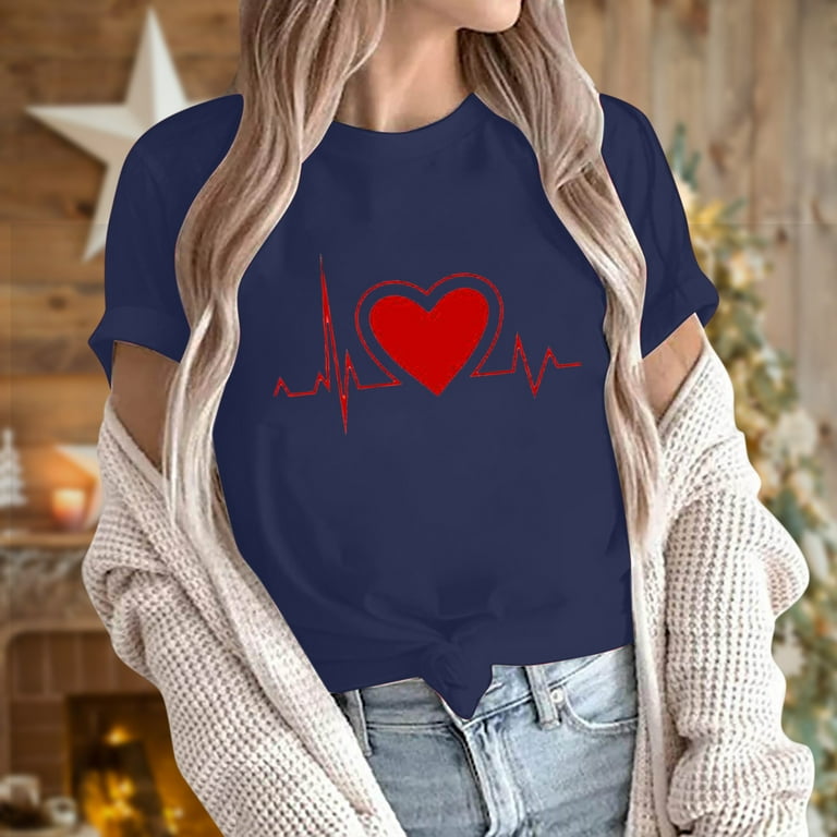 ZQGJB Love Heart Pattern Tops for Women Casual Short Sleeve
