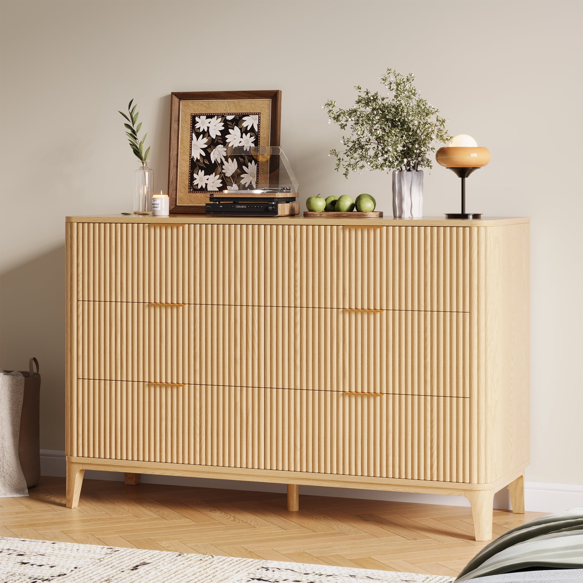UGTOO 45.2"L 6-Drawers Dresser, Natural Wood Storage Cabinet for Bedroom & Living Room Slim Space-Saving Organizer with Smooth Gliding Drawers, 25 lbs/Drawer Capacity