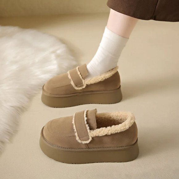 Women's Thick Soled Snow Boots Autumn Winter Plush Boken Shoes Retro Height Increasing Warm Anti Slip Cotton Shoes Loafers