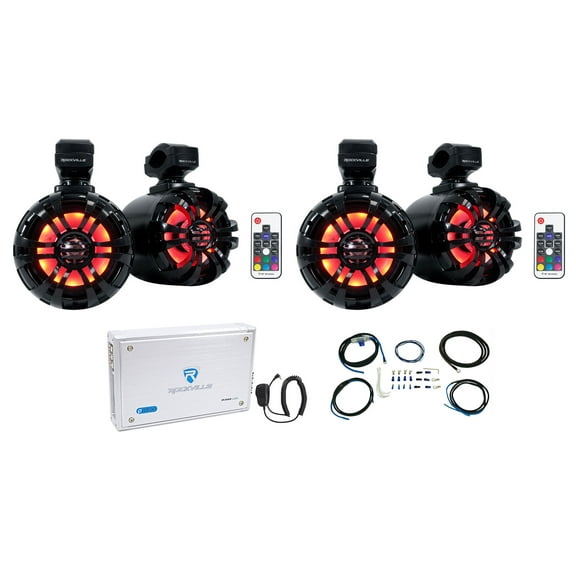 (4) Rockville 5.25" LED Black Tower Speakers 4-Channel Amp For RZR/ATV/UTV/Cart