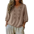 thumbnail image 5 of Pxiakgy Linen Shirts for Women Boho Shirts Breathable Top Work Tees Summer Tshirts Loose Fit Blouses Relaxed Fit Basic Tee Cotton Linen Tops Mexican Shirts 3/4 Length Sleeve Shirts Brown 3XL, 5 of 6