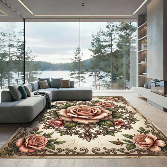 ODIKA 4'x6' Machine Washable Non-Slip Area Rug, Antique Rose High Traffic Rug, Pink, 1267428