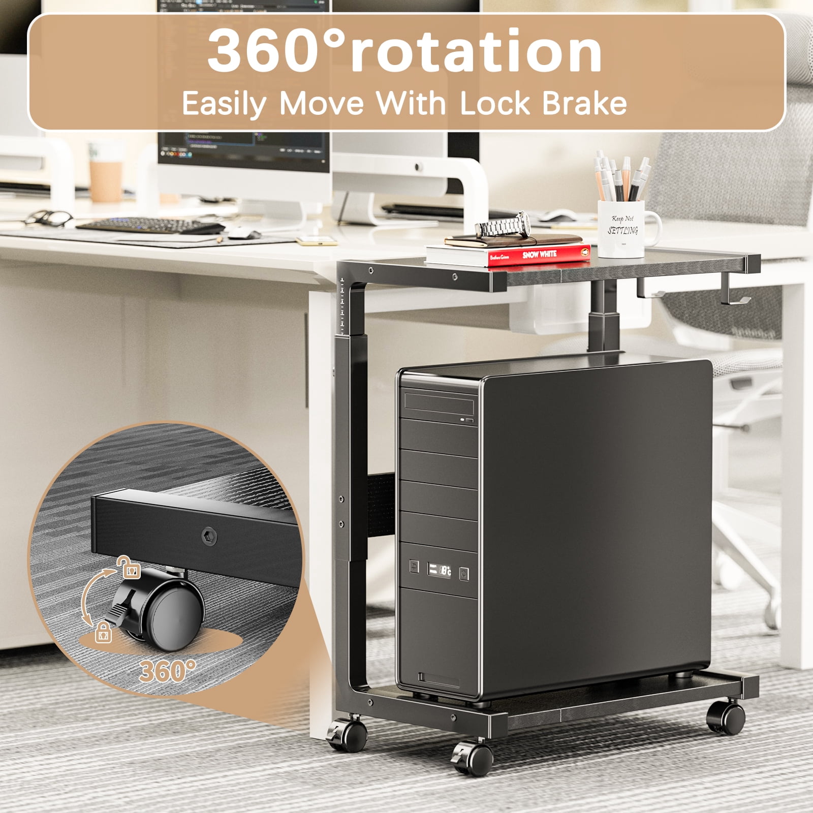Adjustable Rolling Computer Tower Stand CPU Holder Cart for Gaming Office Home Height 23" to 28.3"