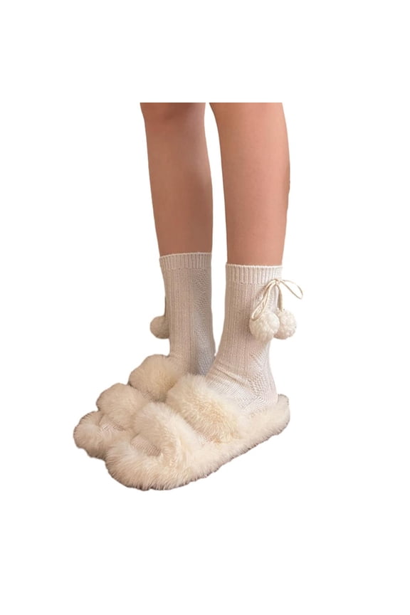 Women Plush Ball Crew Socks Cotton Bootie Socks Cute Above Ankle Crew Socks