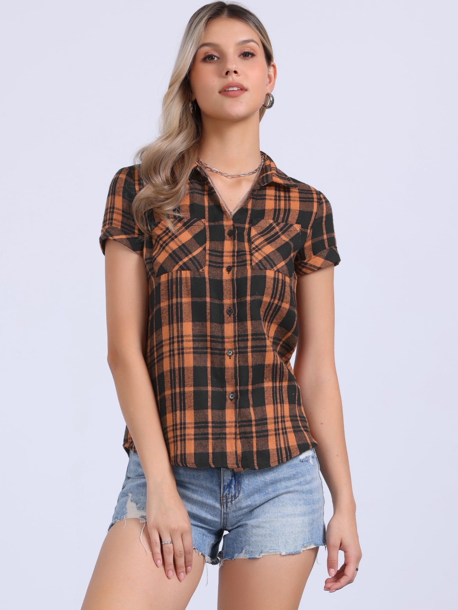 DARING DIVA Women's Plaid Shirts Cotton Short Sleeve Button Down Shirt M Black Orange