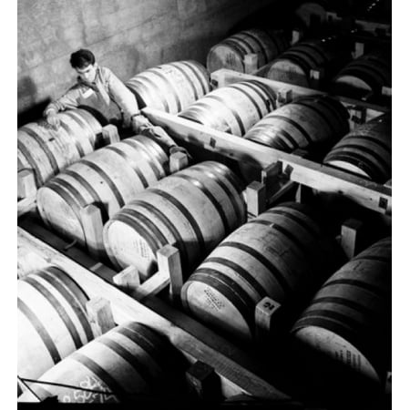 High angle view of a male worker writing on barrels in a distillery Louisville Kentucky USA Poster