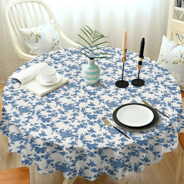 Nappe Ronde en Polyester 60 x 60 Pouces Lavable Réutilisable Imperméable - Imprimé Floral Bleu Pastoral pour Décoration Intérieure et Extérieure