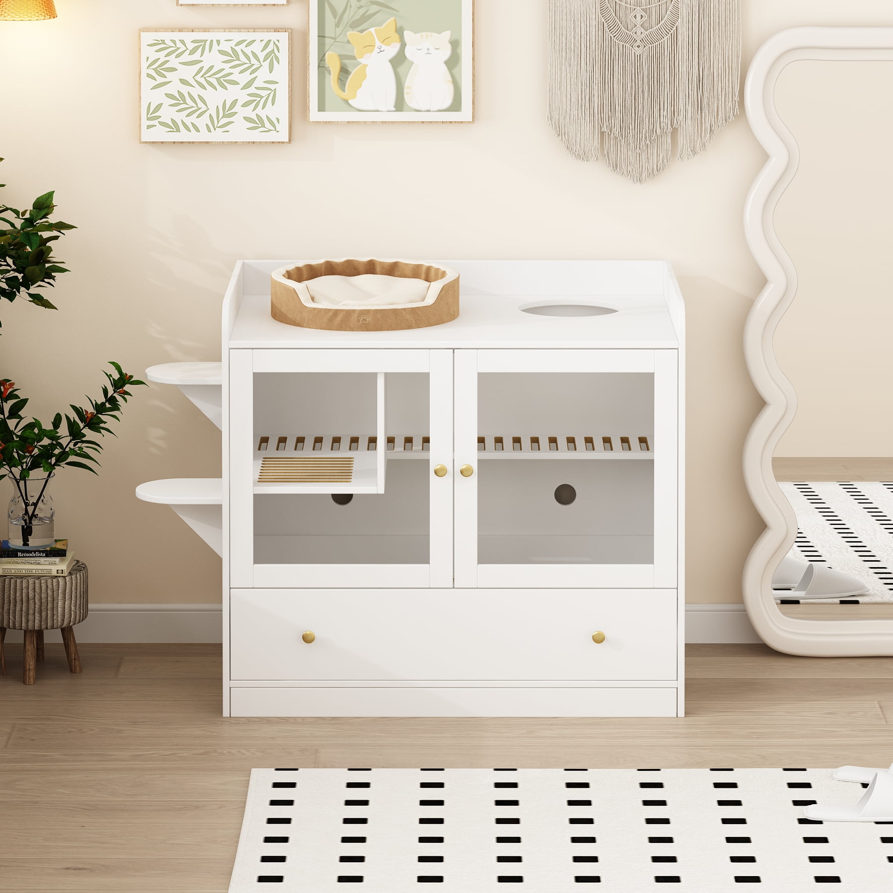 NARTRU Large Cat Litter Box Enclosure Furniture with Drawer and Runway Litter Filter for Litter Boxes, White