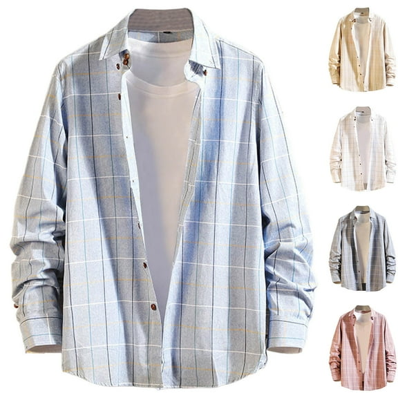 RYDCOT Mens Plaid Shirts Long Sleeve Button Lapel Casual Shirt Regular Fit Casual and Fashionable Shirt White