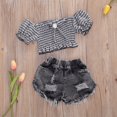 thumbnail image 3 of 2Pcs Mignon Bébé Enfants Filles Tops Plaid Shorts Denim Pantalons Vêtements, 3 of 5