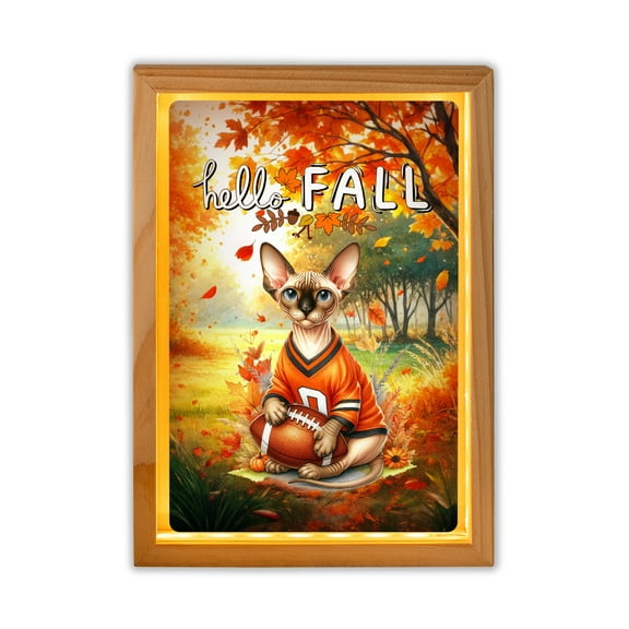 Hello Fall Sphynx Football Welcome Autumn with Leaves Pumpkins Acrylic Plaque with Wood Photo Frame Box Cat Lover Kitten Owner Gifts Idea Light Box - 00012