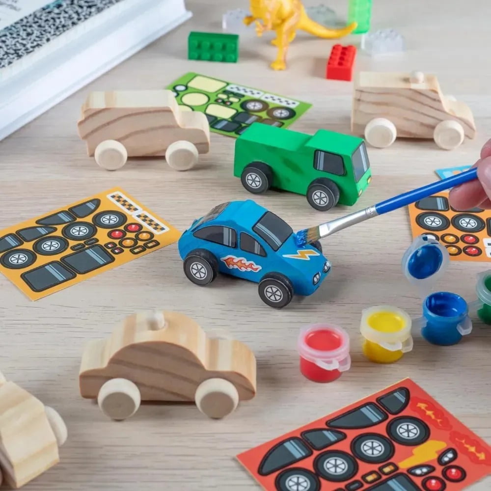 Kids Party Wood Painting Craft Kits (12ct) 3D Cars - Each Kit Has its Own Brush, Paint, & Figure- 6 Designs Include Taxi, Trucks & More w Bonus Customizable Sticker Decals- Party Activity Favor Gift