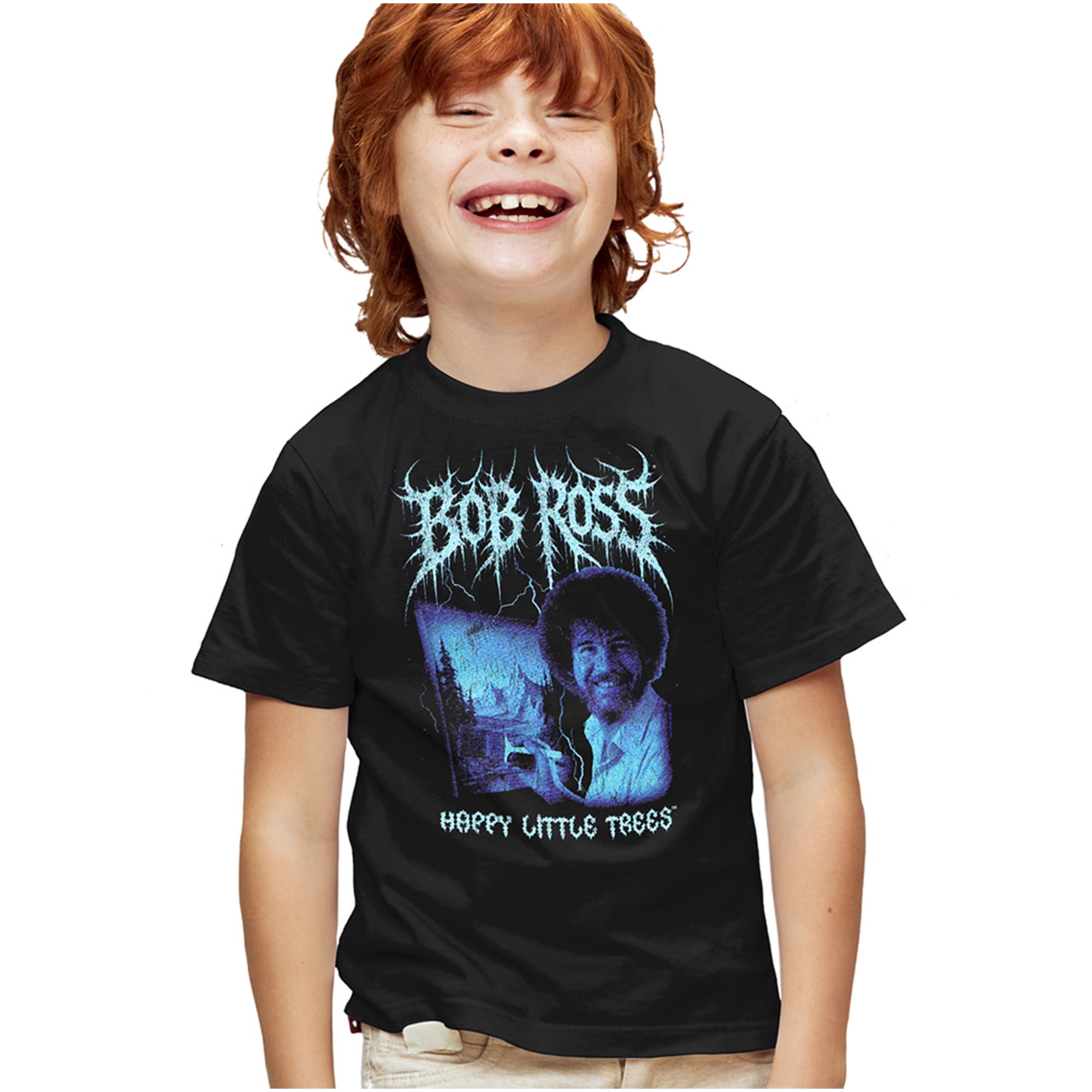 Bob Ross Little Trees Metal Kids T Shirt for Youth Boys and Girls, Black, Small