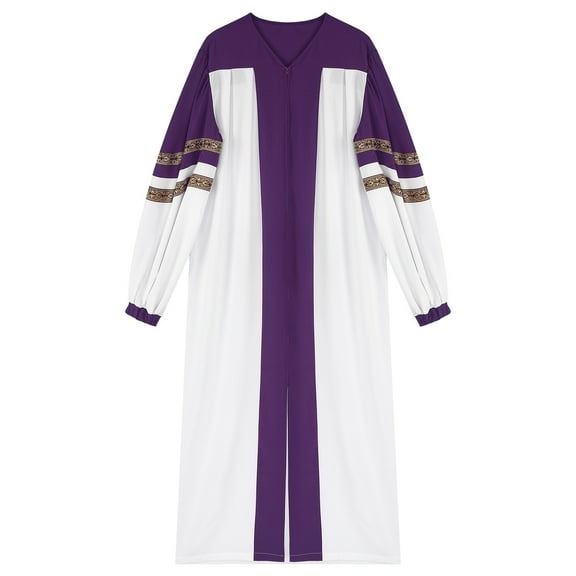TiaoBug Men Color Block Clergy Church Robe Loose Fit Long Sleeve Graduation Maxi Gown Purple 3XL