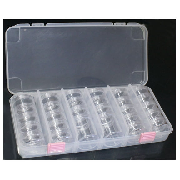 BIN BUDDY 28 Mini Stackable Containers | Clear Plastic | 1.25" (3.2 cm) Diameter | Two Jar Heights | See-Through Storage Box with Customizable Dividers