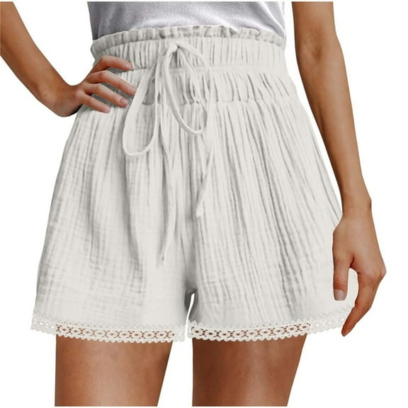LAJPXKHY Womens Summer Shorts High Waist Elastic Drawstring Wide Leg Lace Patchwork Lightweight Casual Shorts