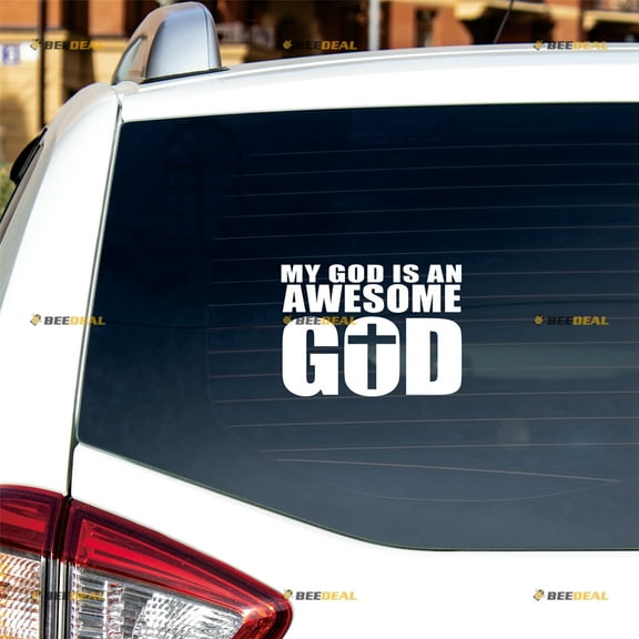 Jesus Cross My God Is An Awesome God Christian Religious Sticker Decal Vinyl - 2 Pack White 4" - For Car Boat Laptop Cup No Background Die-cut