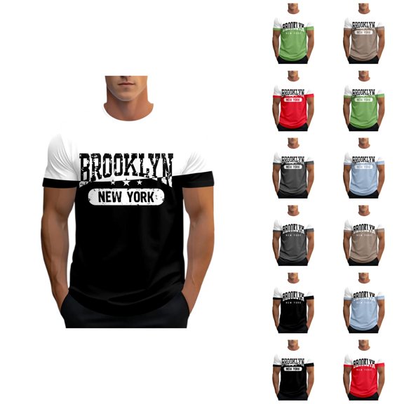 Brooklyn New York Letter Graphic Tees for Men 2026 Summer Casual Short Sleeve Crewneck Color Block T Shirts