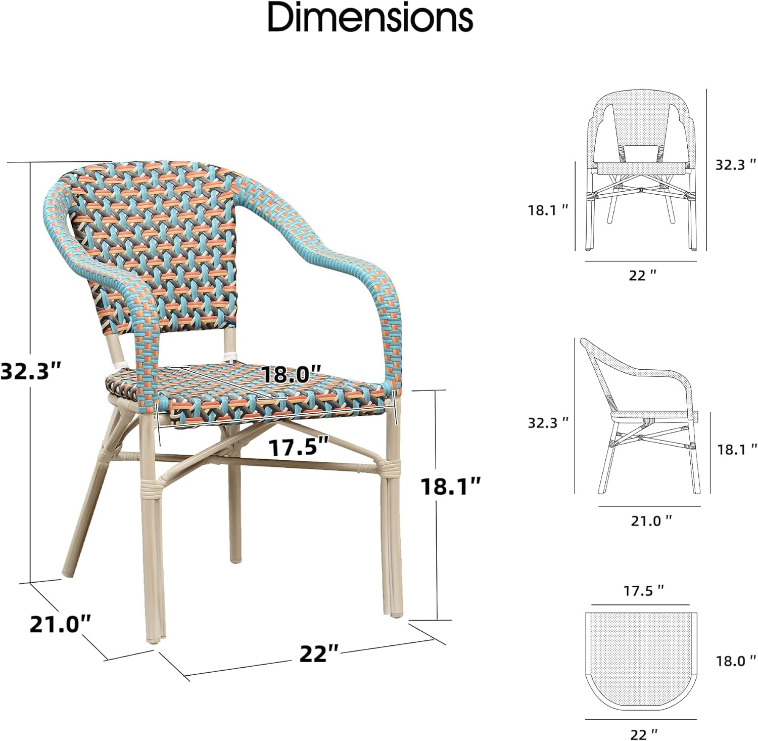PURPLE LEAF Dining Chair Set of 2 Outdoor Dining Chairs French Hand-Woven Wicker White Print Finish Armchairs for Patio Porch Garden Indoor, Colorful