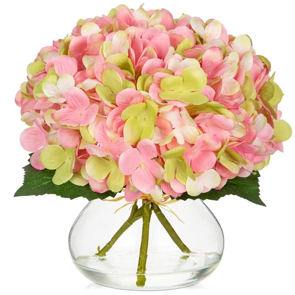 Flores artificiales Hollyone Hydrangea con jarrón de cristal rosa y verde